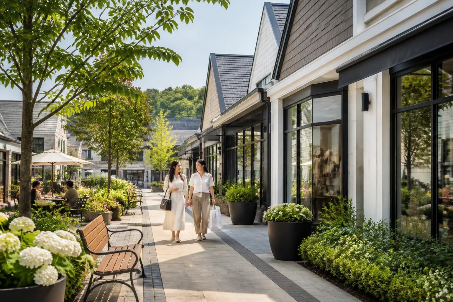 Clean storefronts and landscaped walkways in Bayview Village.