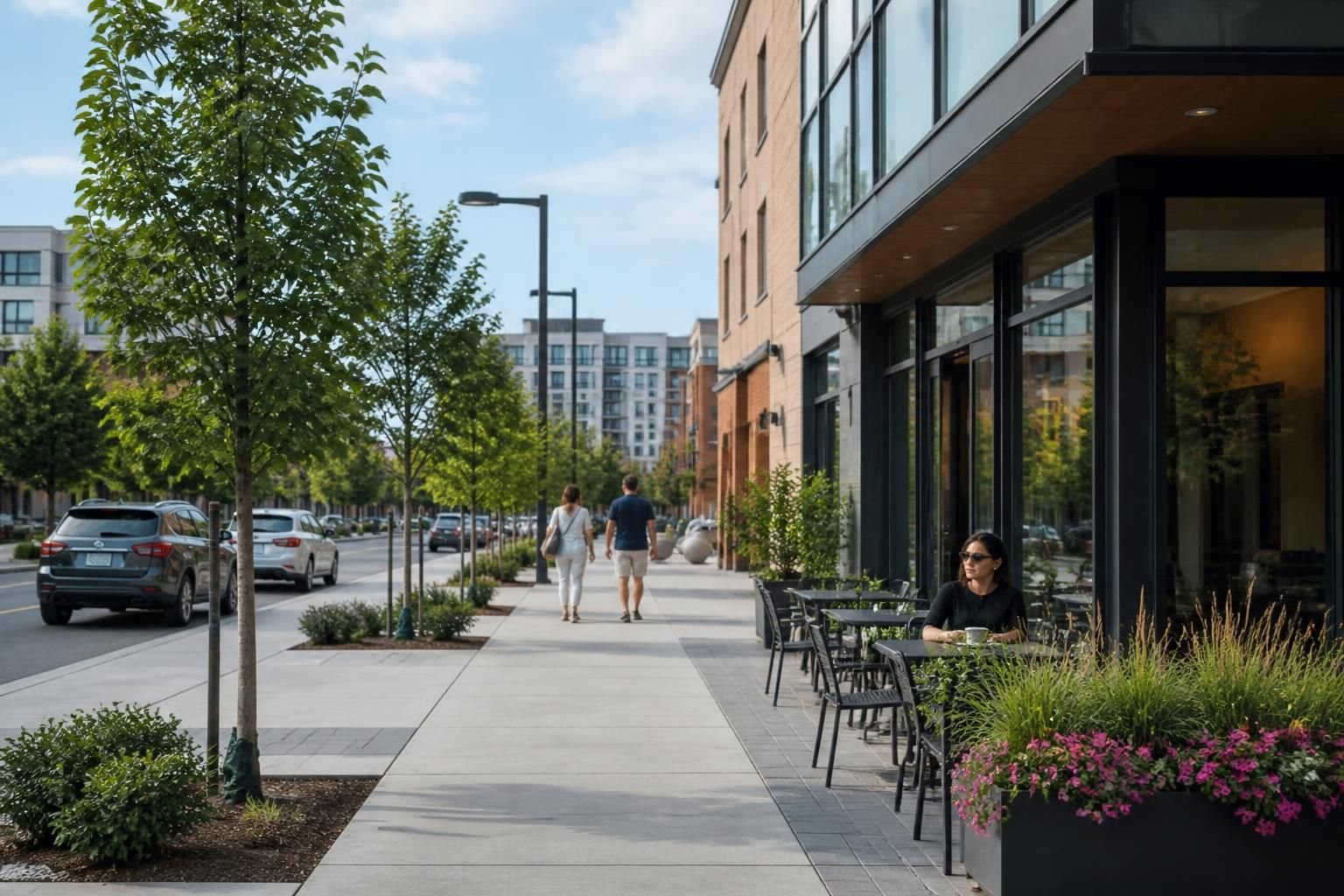 Clean sidewalks and modern buildings in Clanton Park.