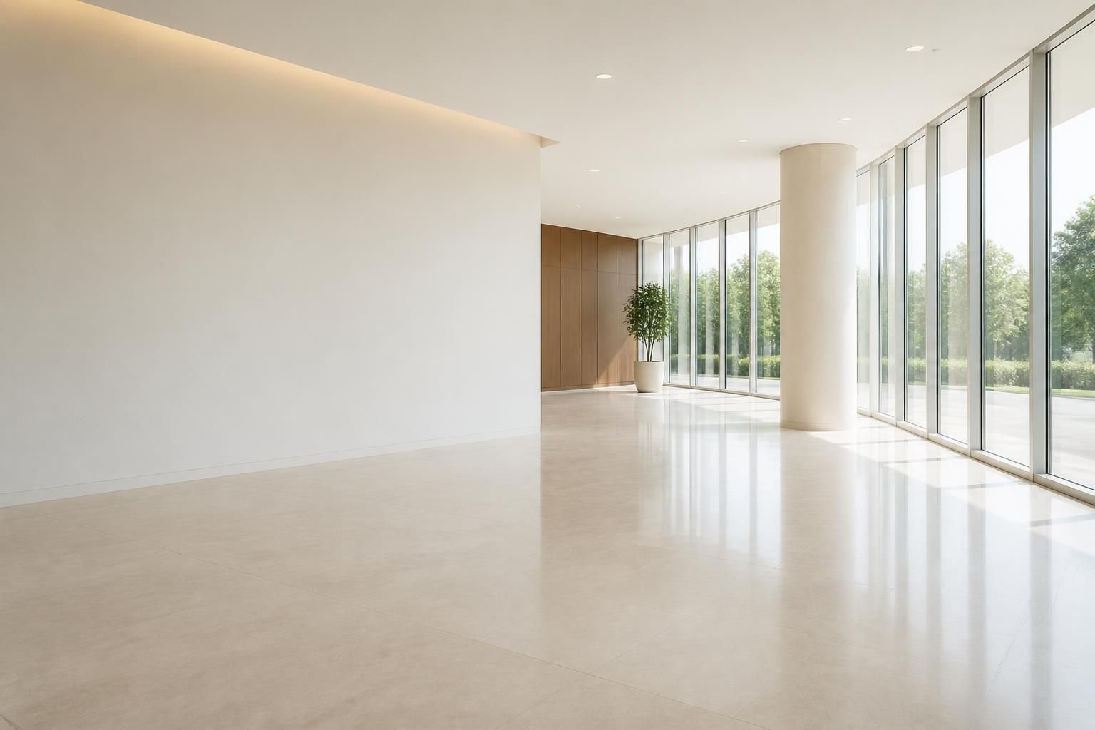 A bright spotless commercial interior with open space for text.