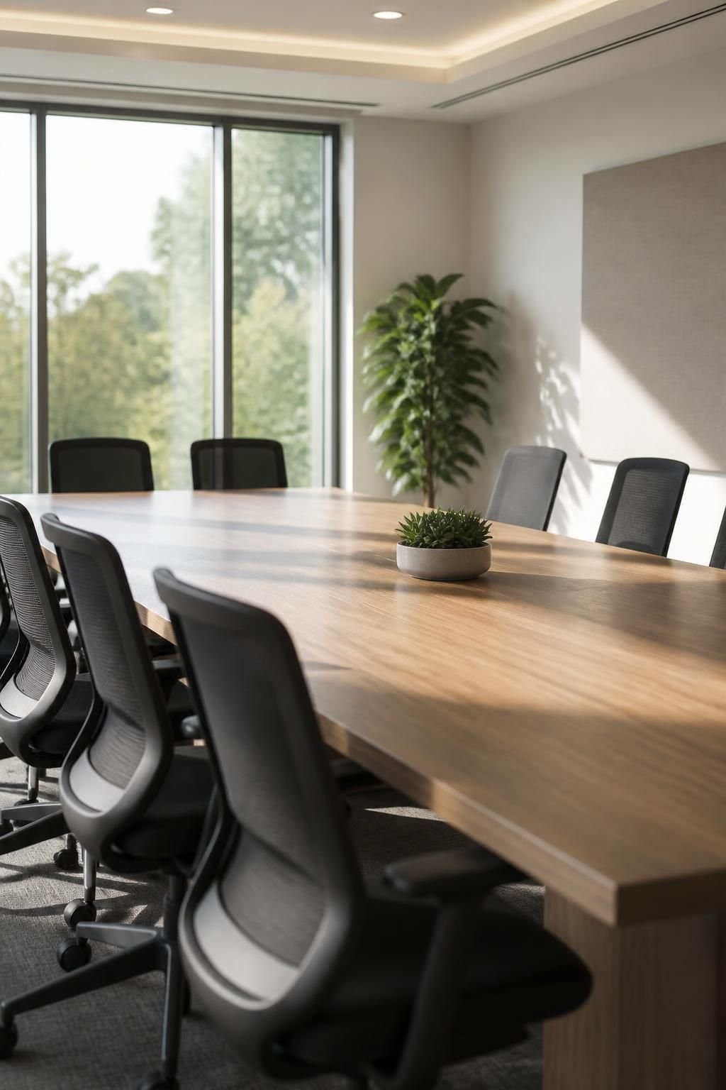 A freshly cleaned conference room with neat chairs and bright light.