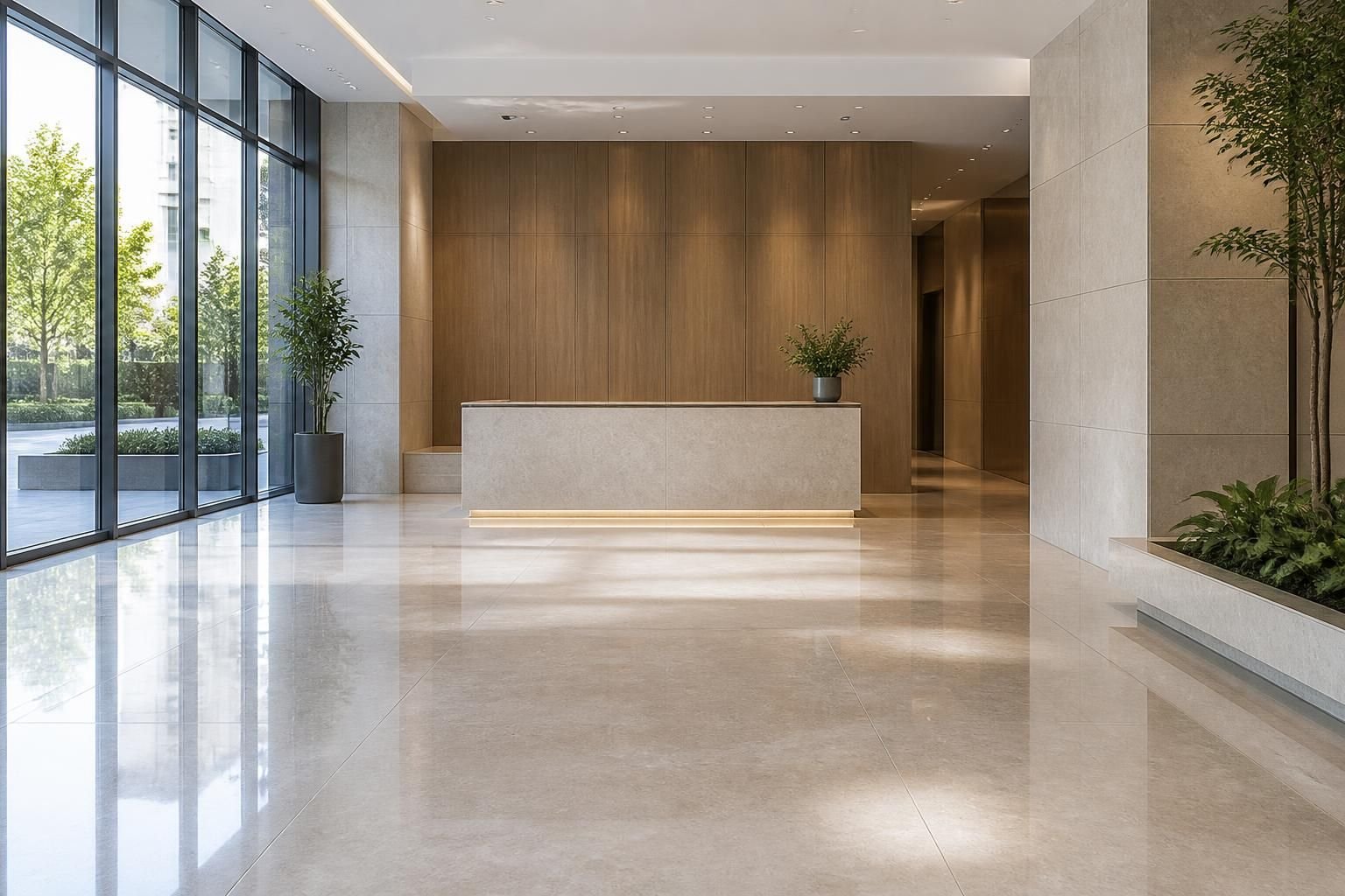 A clean modern lobby with polished floors and soft natural light.