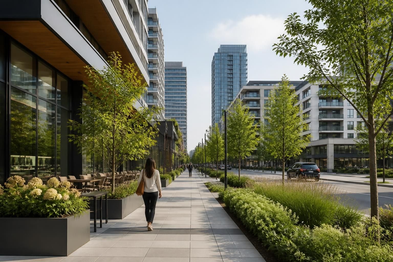Contemporary buildings and landscaped streets in Don Mills.
