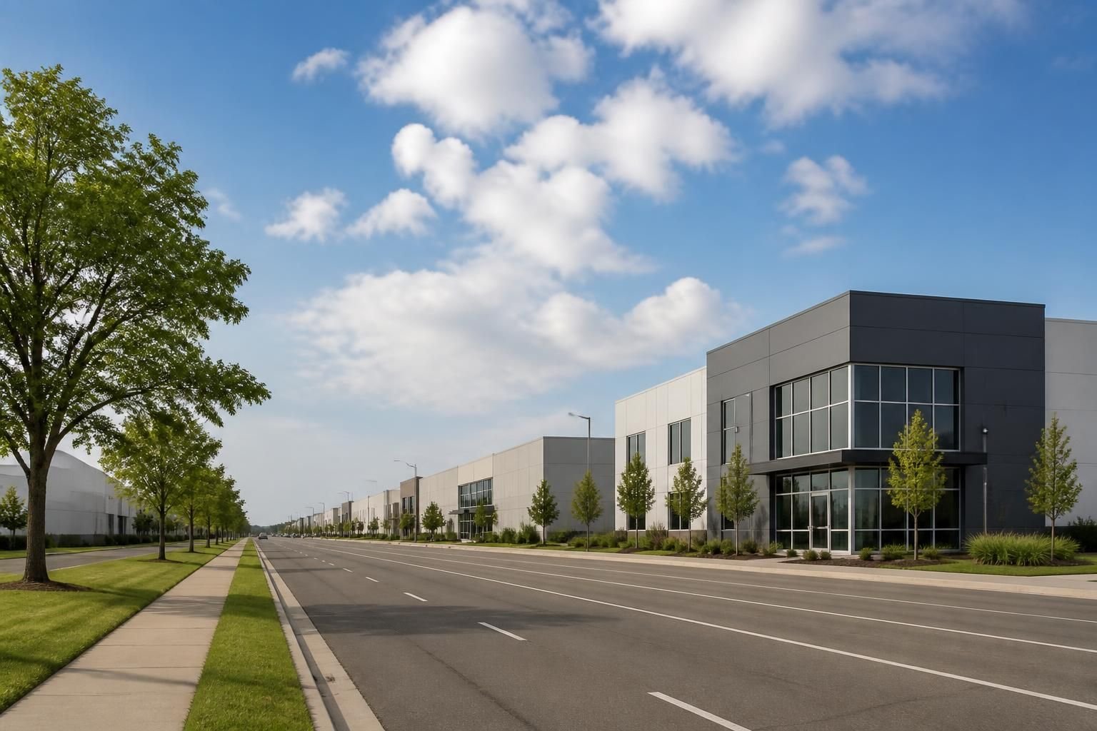 A tidy commercial streetscape with wide roads in Downsview.