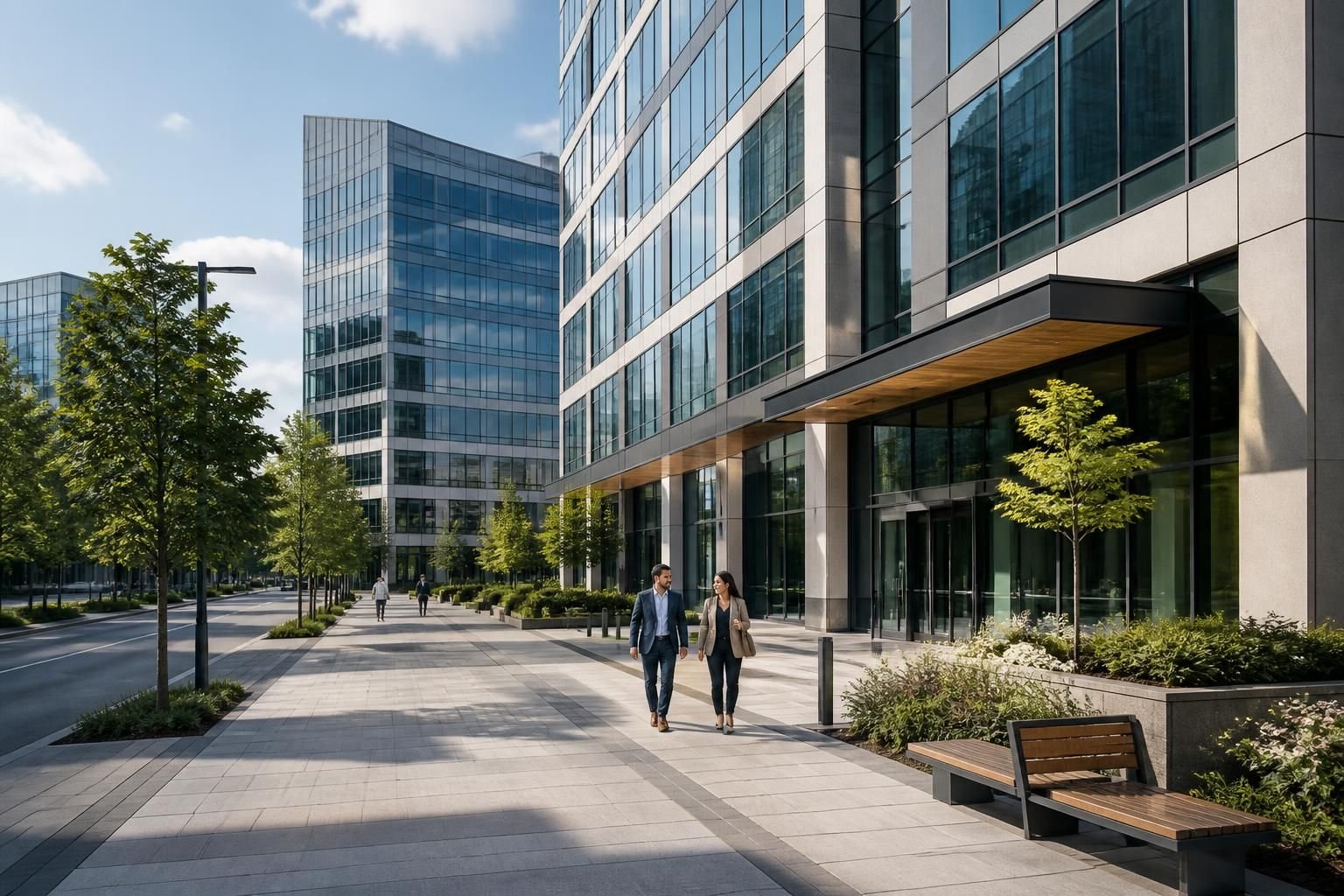 Modern commercial buildings and clean sidewalks in Duke Heights.