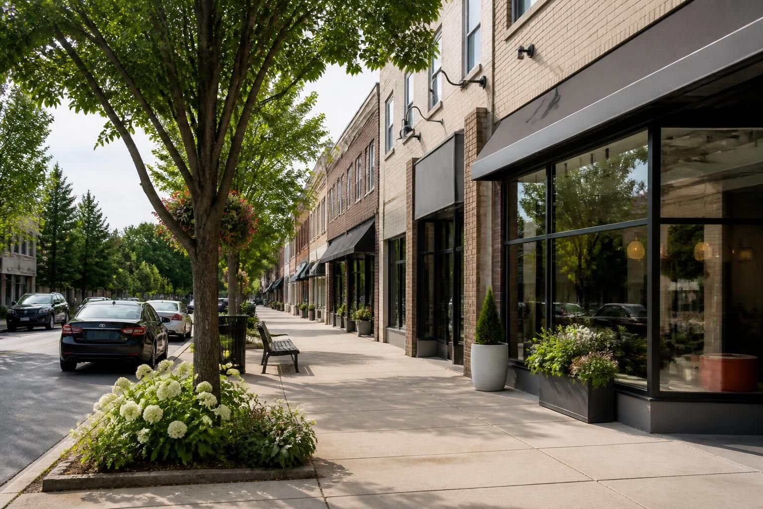 Well-kept buildings and clean walkways in Lawrence Manor.
