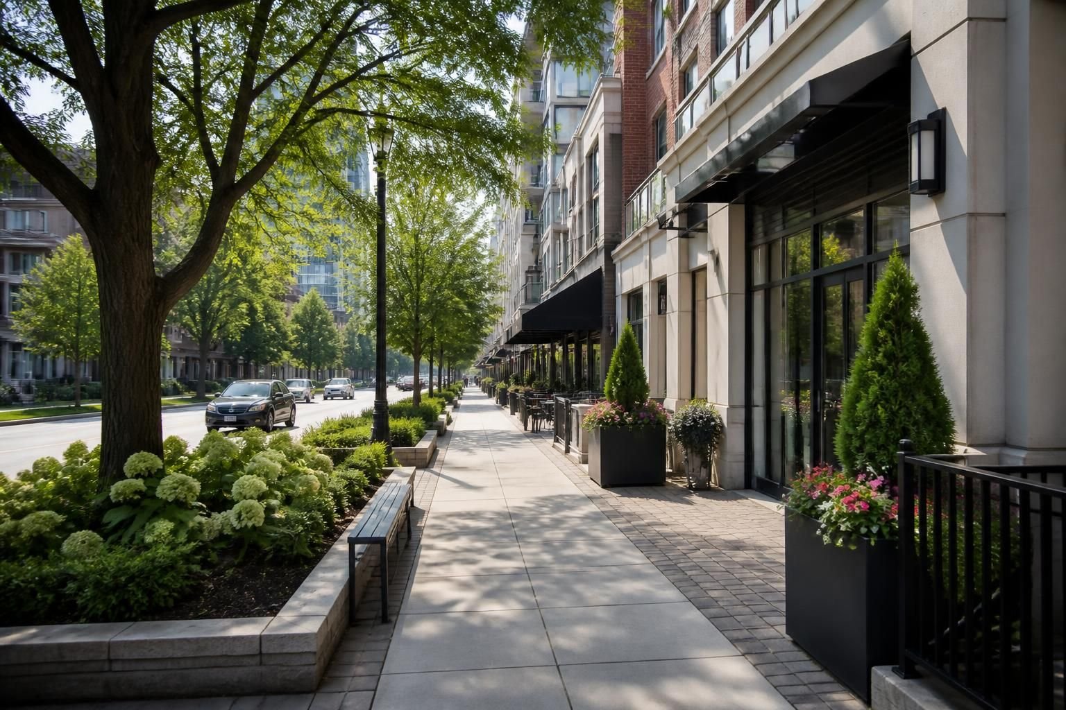 A clean streetscape with mature trees and well-kept buildings in Newtonbrook.