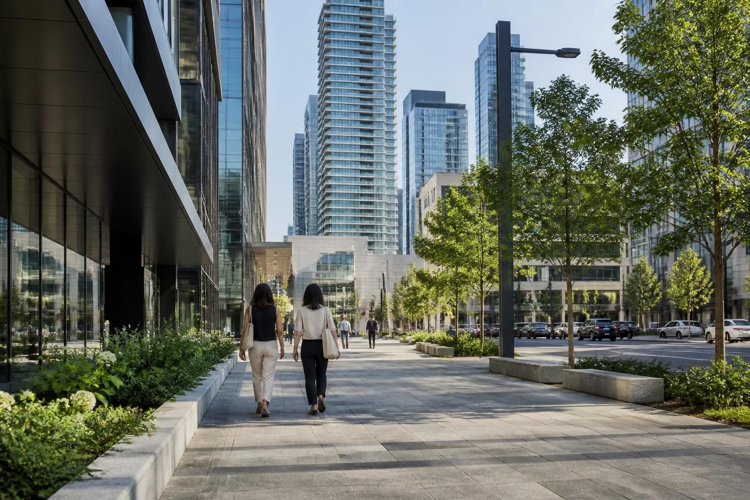 Modern commercial buildings and walkways in North York City Centre.