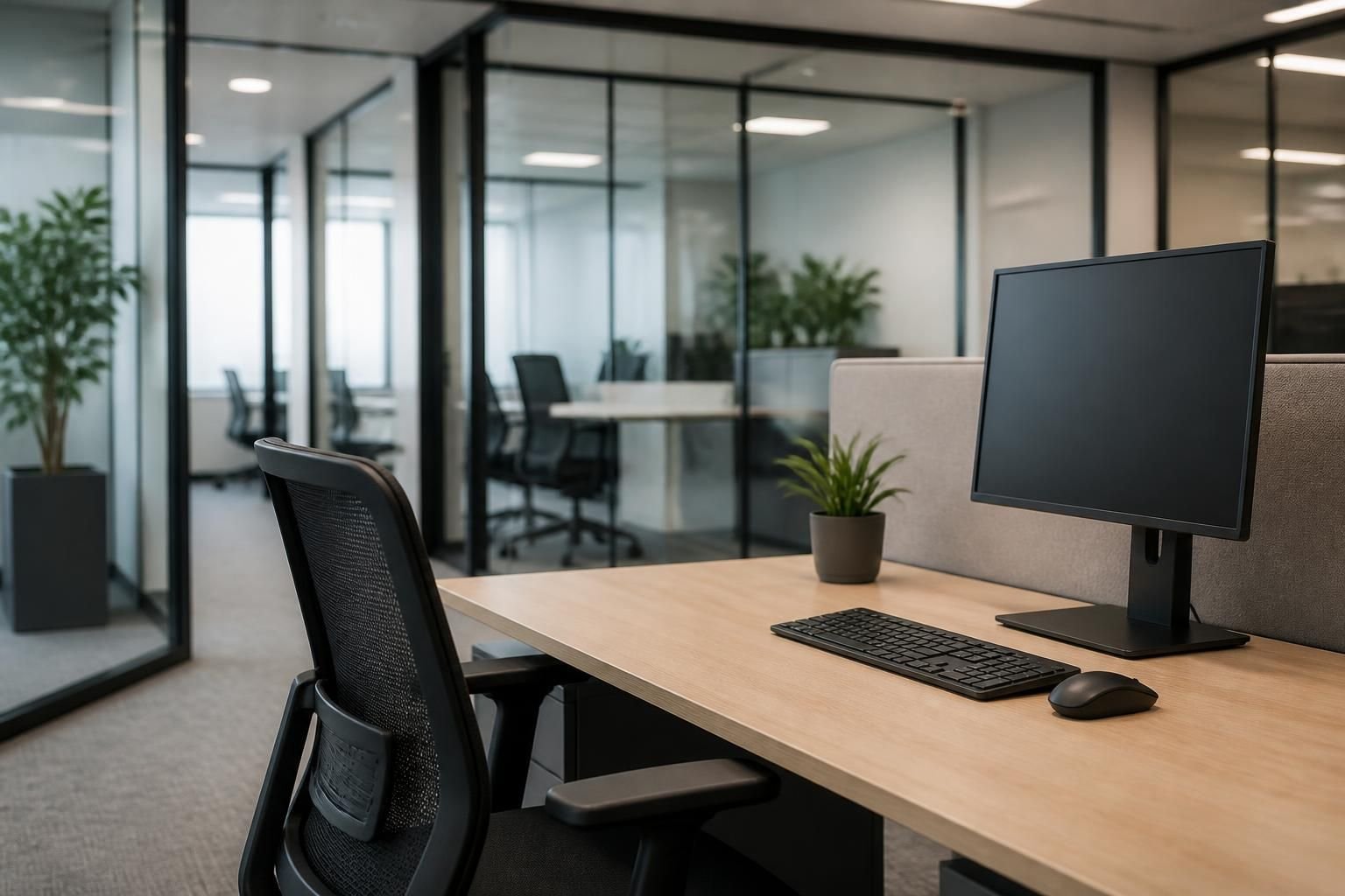 A spotless modern office with clean desks and glass partitions.