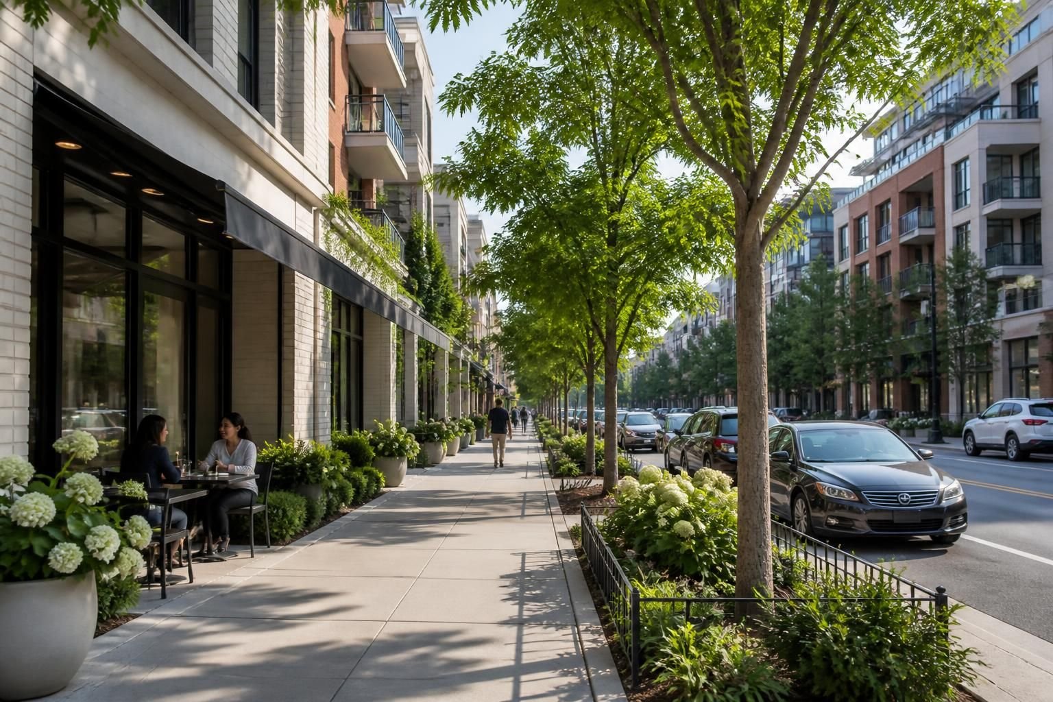 A tree-lined street with modern buildings in Willowdale.