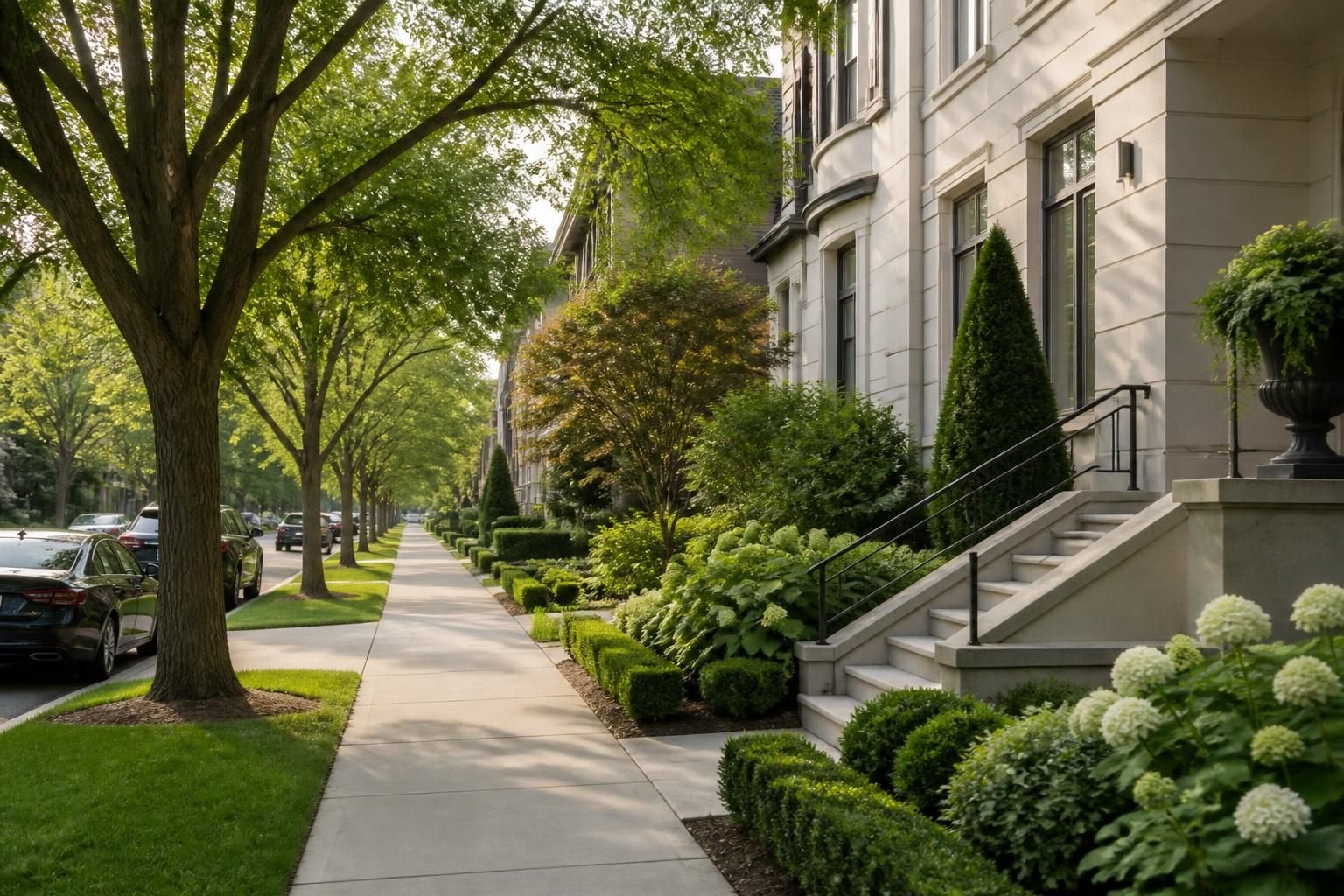 A refined neighborhood street with trees and tidy buildings in York Mills.