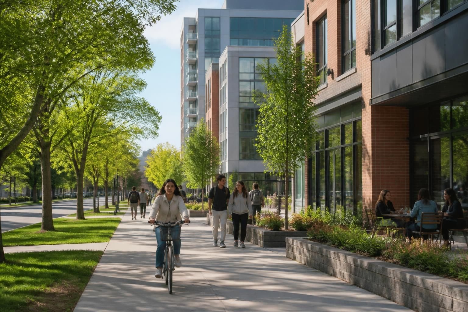 Tree-lined streets and modern buildings in York University Heights.